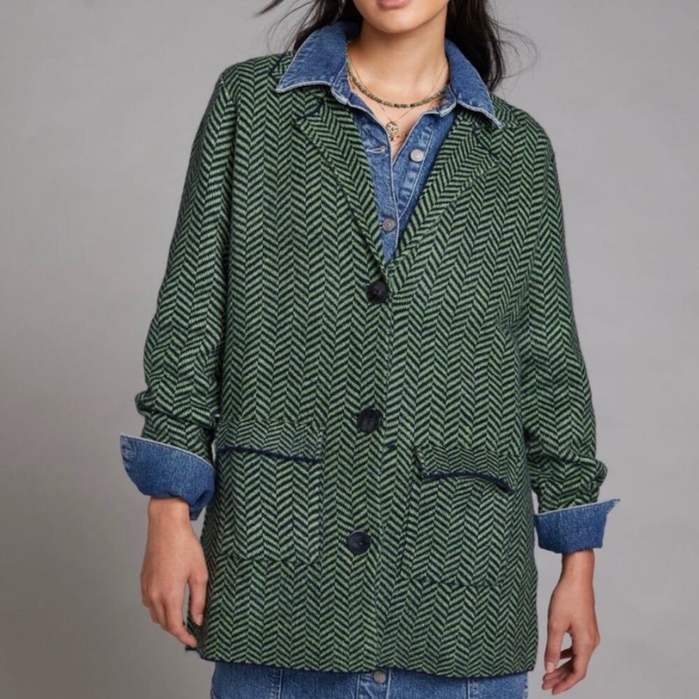 Anthropologie John + Jenn Green Herringbone Longline Sweater Knit Blazer M